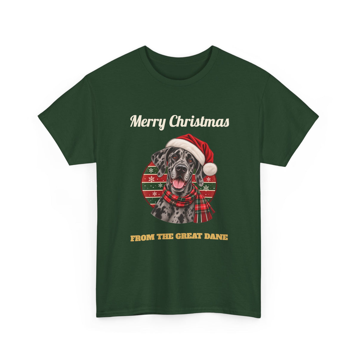 Forest Green Merry Christmas From The Great Dane t-shirt with a merle Great Dane in a Santa hat, front view