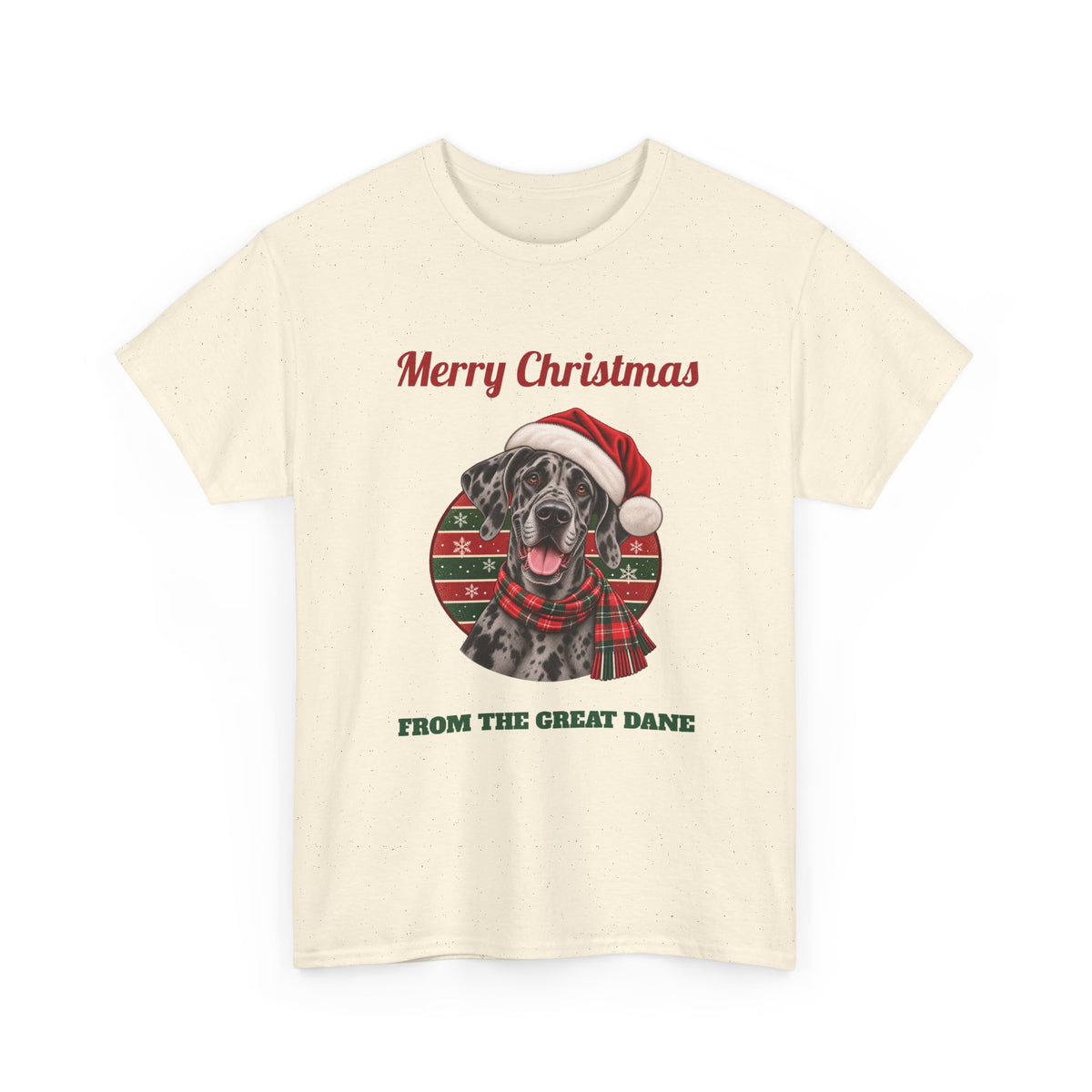 Natural Merry Christmas From The Great Dane t-shirt with a merle Great Dane in a Santa hat, front view