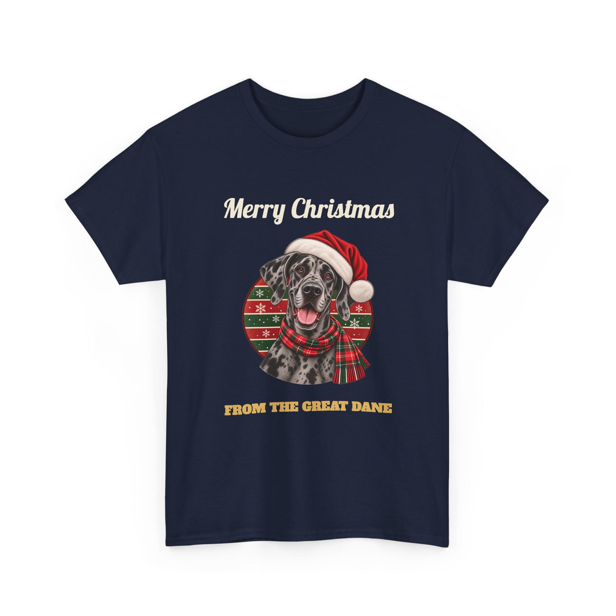 Navy Merry Christmas From The Great Dane t-shirt with a merle Great Dane in a Santa hat, front view