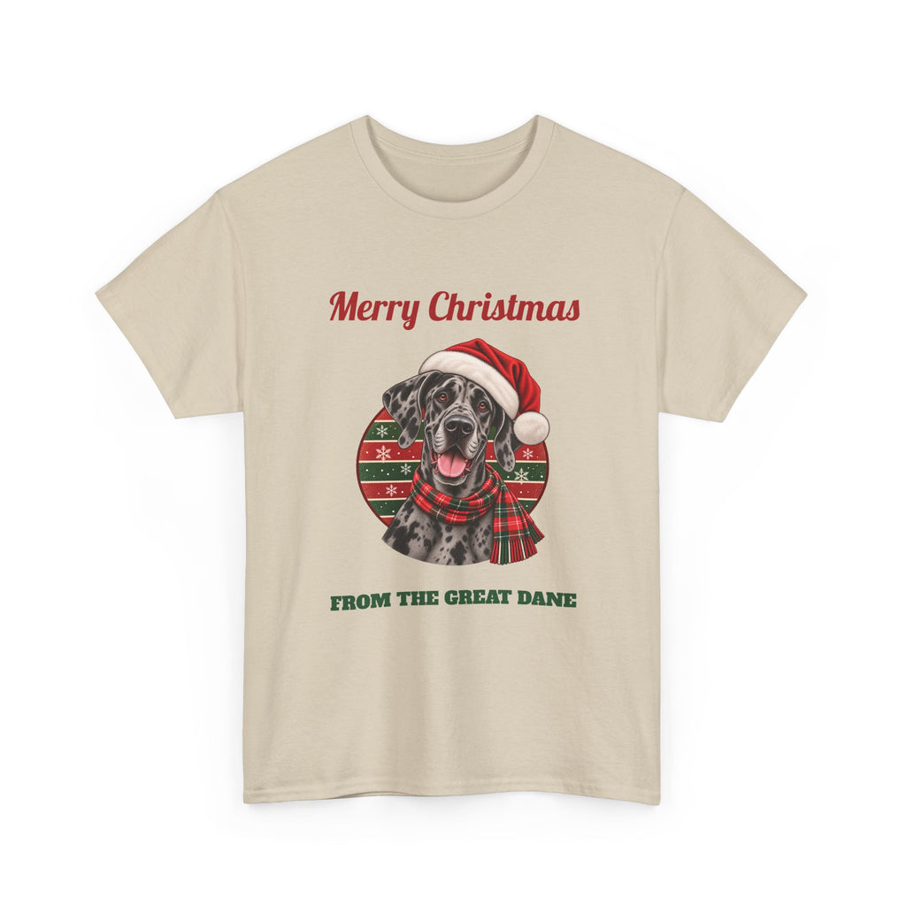 Sand Merry Christmas From The Great Dane t-shirt with a merle Great Dane in a Santa hat, front view