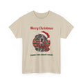Sand Merry Christmas From The Great Dane t-shirt with a merle Great Dane in a Santa hat, front view
