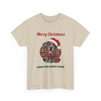 Sand Merry Christmas From The Great Dane t-shirt with a merle Great Dane in a Santa hat, front view