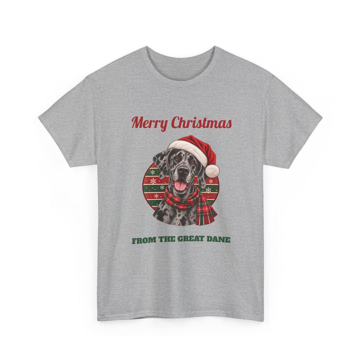 Sport Grey Merry Christmas From The Great Dane t-shirt with a merle Great Dane in a Santa hat, front view