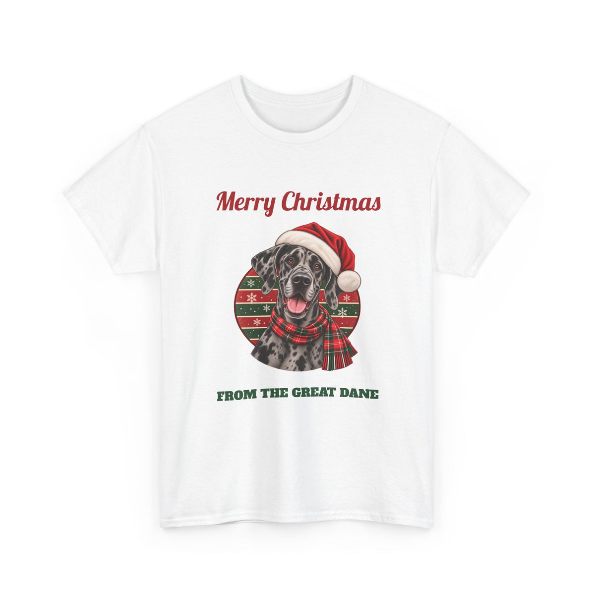 White Merry Christmas From The Great Dane t-shirt with a merle Great Dane in a Santa hat, front view