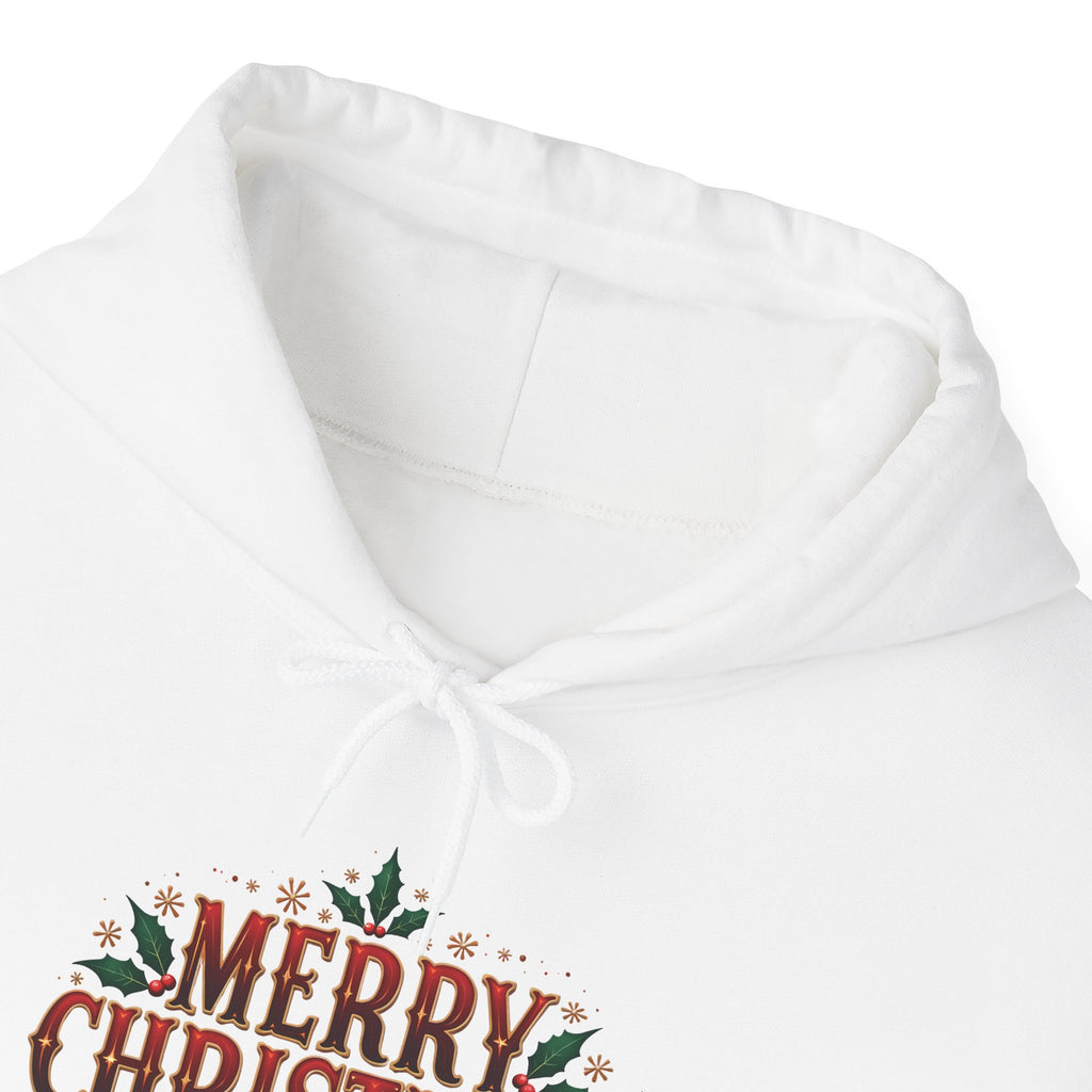 Merry Christmas Hoodie, front collar close-up