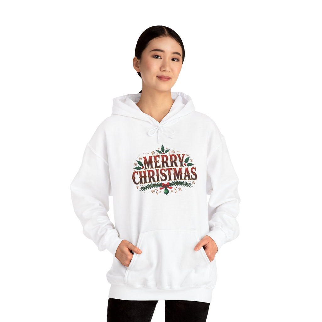 Model wearing the white Merry Christmas Hoodie