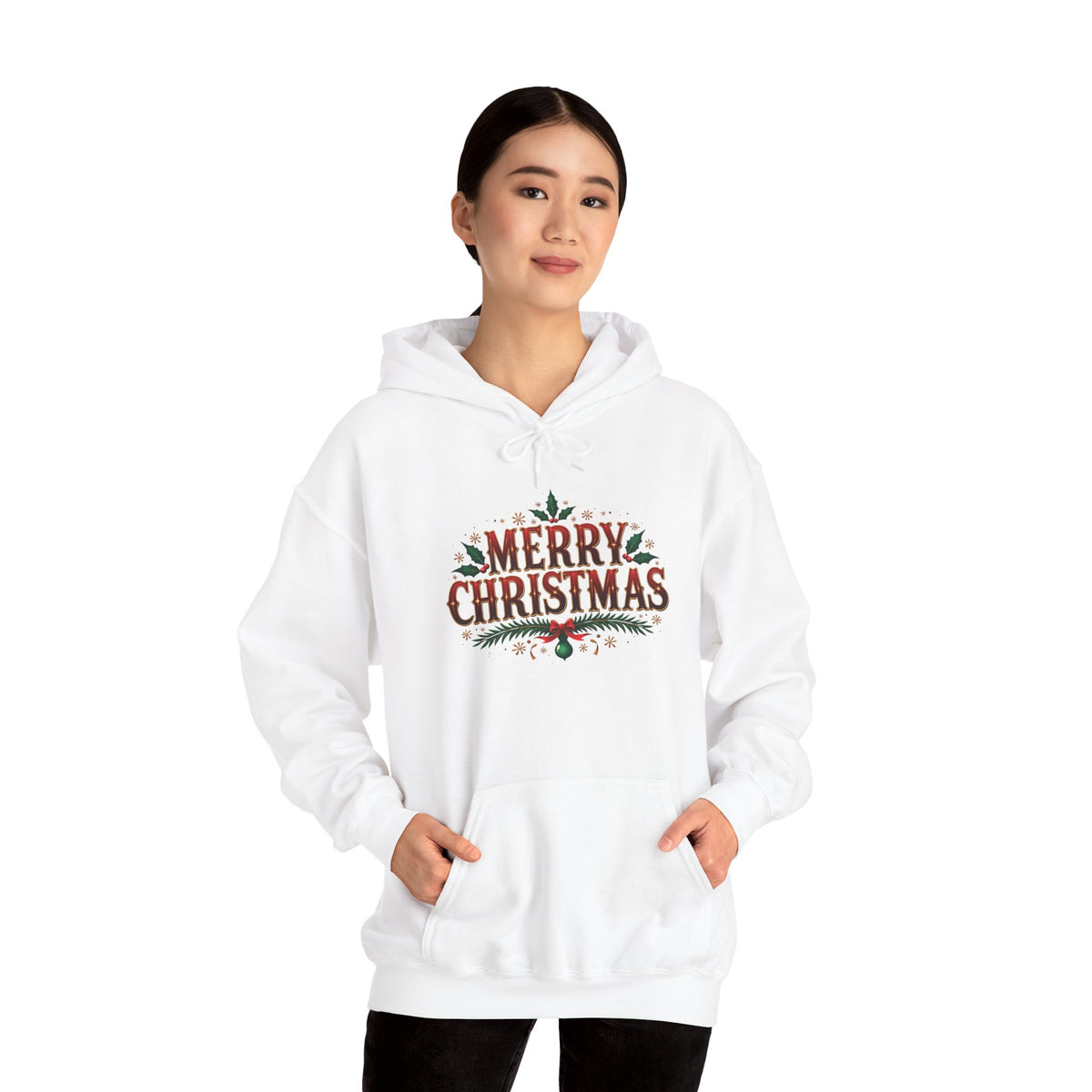 Model wearing the white Merry Christmas Hoodie