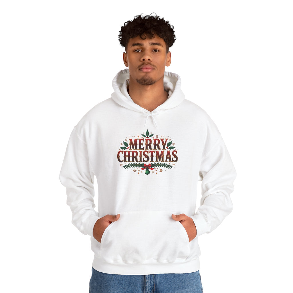 Model wearing the white Merry Christmas Hoodie