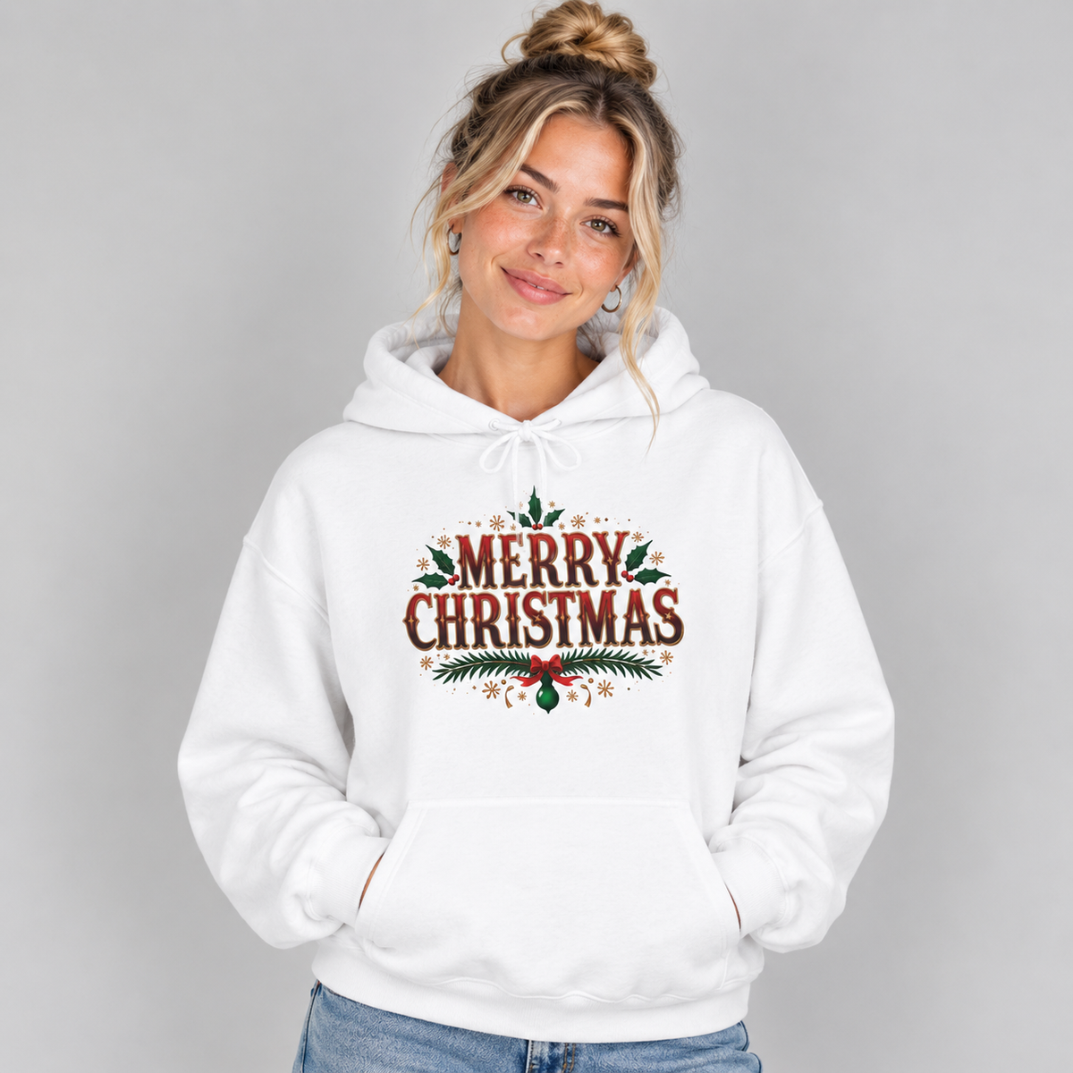Woman wearing the white Merry Christmas Hoodie with jeans