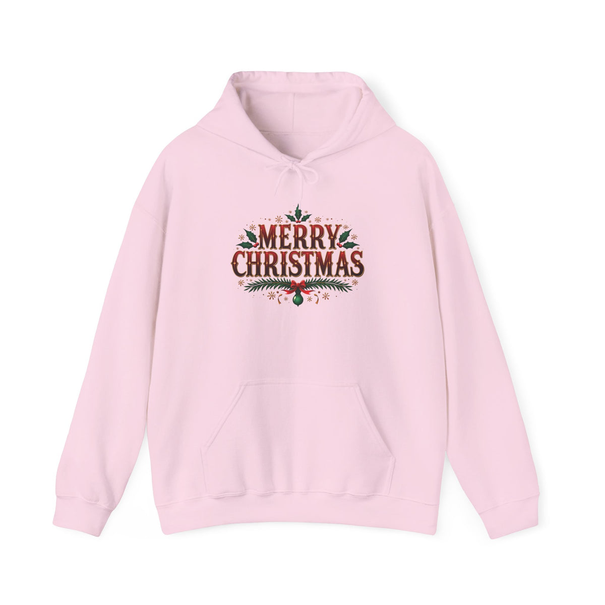 Light Pink Merry Christmas hoodie with red vintage lettering, pine branches and holly, front view