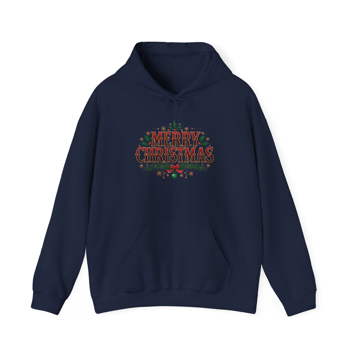 Navy Merry Christmas hoodie with red vintage lettering, pine branches and holly, front view