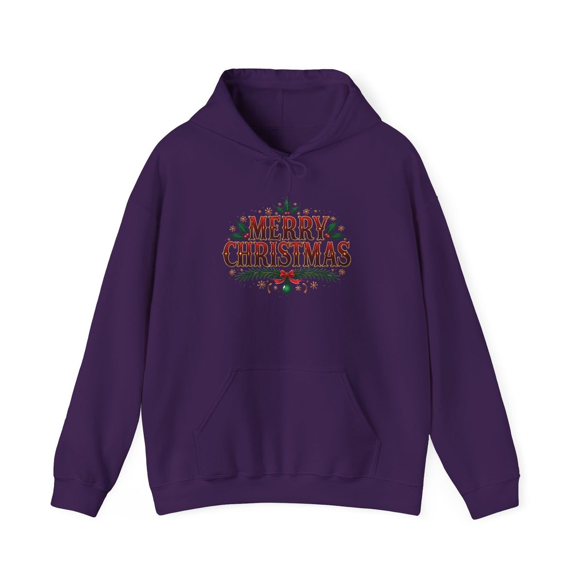Purple Merry Christmas hoodie with red vintage lettering, pine branches and holly, front view