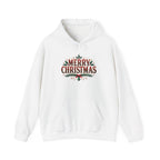 White Merry Christmas hoodie with red vintage lettering, pine branches and holly, front view