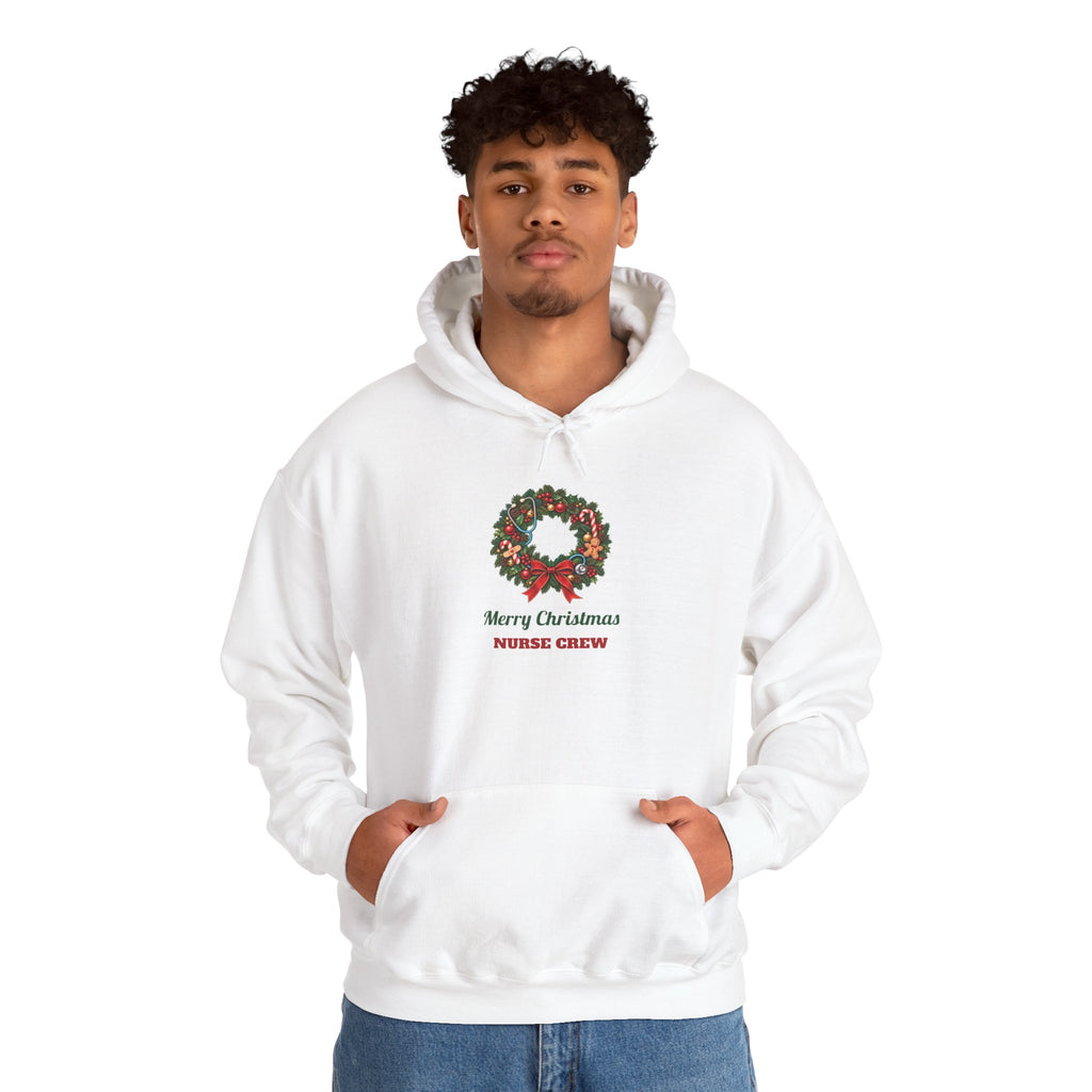 Man wearing the Merry Christmas Nurse Crew Hoodie