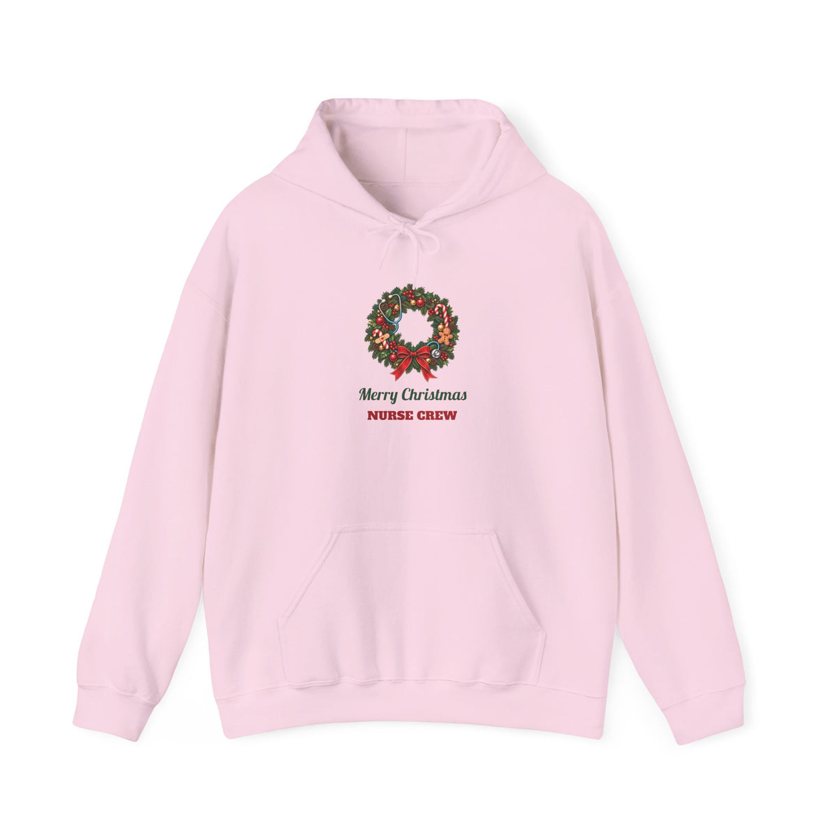 Light Pink Merry Christmas Nurse Crew hoodie with a Christmas wreath and stethoscope, front view