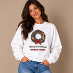 Woman wearing the White Merry Christmas Nurse Crew Sweatshirt with jeans