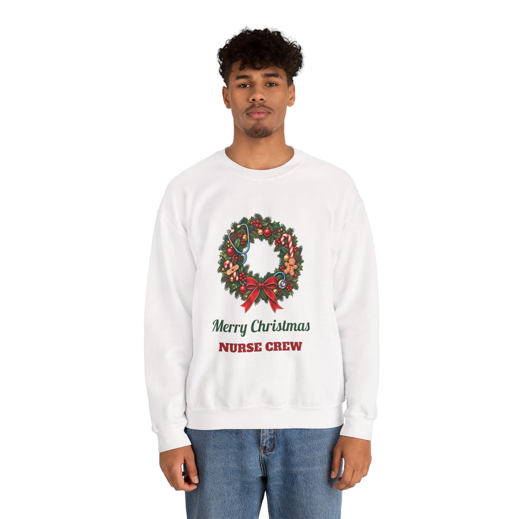 Man wearing the Merry Christmas Nurse Crew Sweatshirt