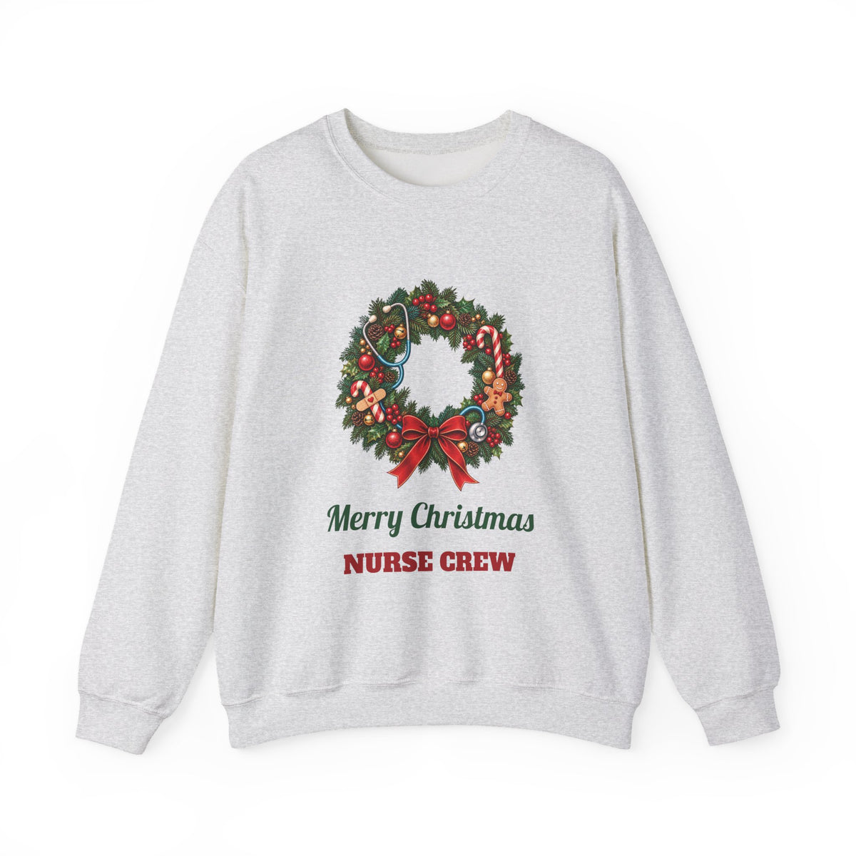 Ash Merry Christmas Nurse Crew sweatshirt with a Christmas wreath and stethoscope, front view