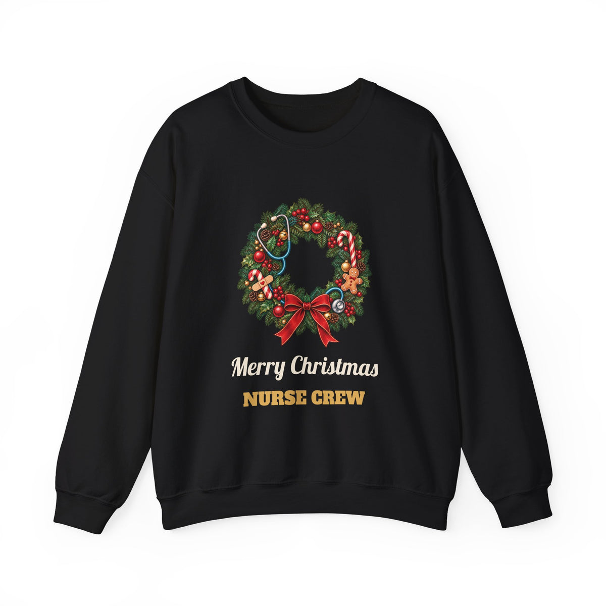 Black Merry Christmas Nurse Crew sweatshirt with a Christmas wreath and stethoscope, front view