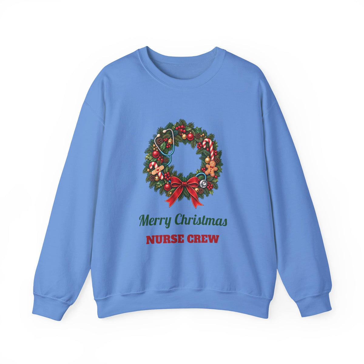 Carolina Blue Merry Christmas Nurse Crew sweatshirt with a Christmas wreath and stethoscope, front view