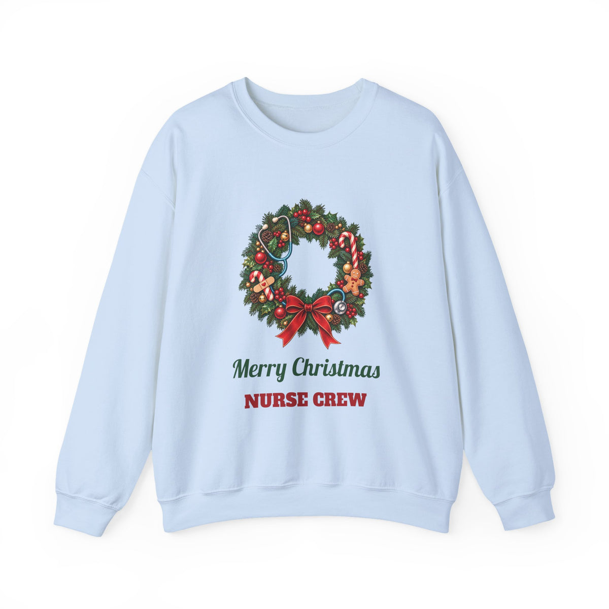 Light Blue Merry Christmas Nurse Crew sweatshirt with a Christmas wreath and stethoscope, front view