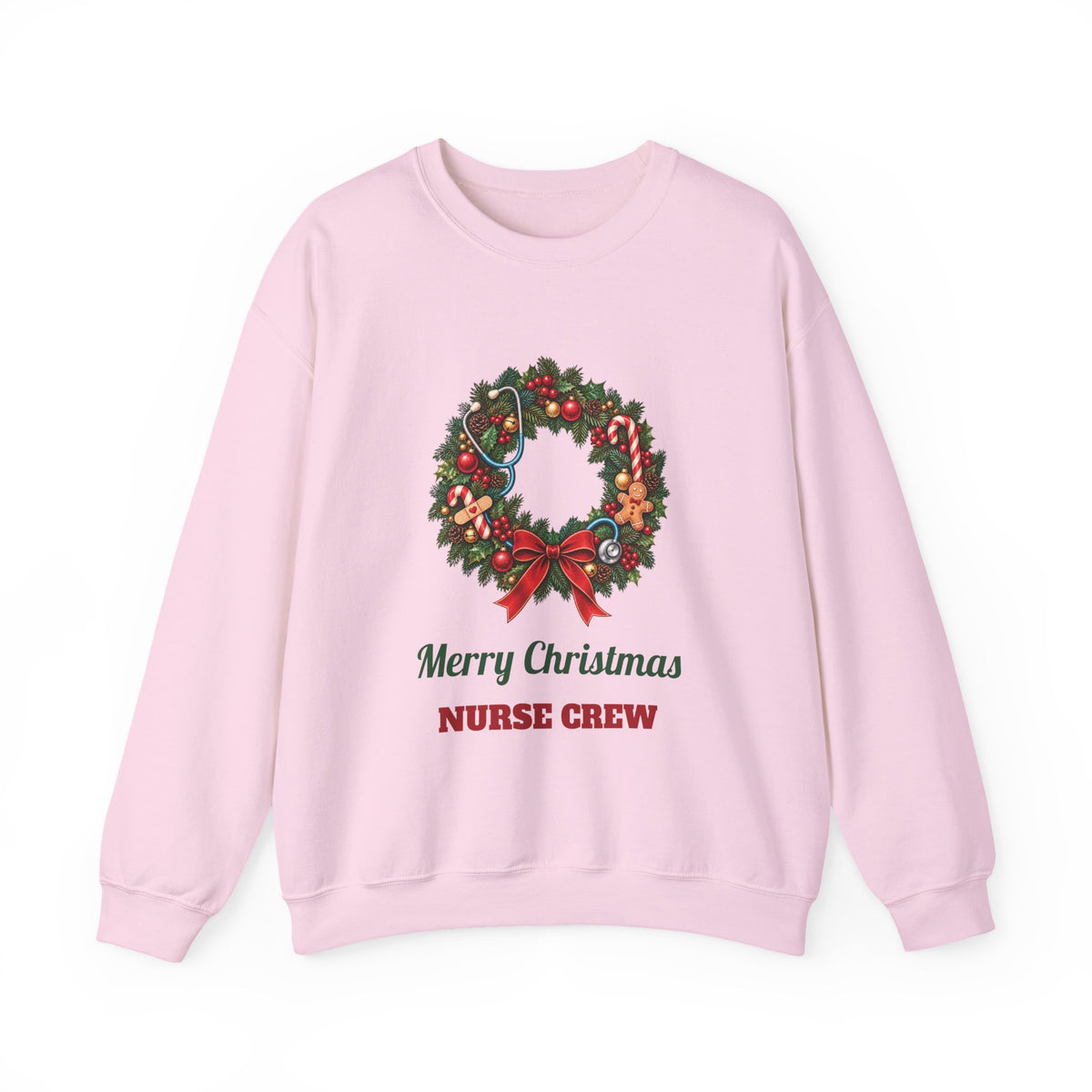 Light Pink Merry Christmas Nurse Crew sweatshirt with a Christmas wreath and stethoscope, front view