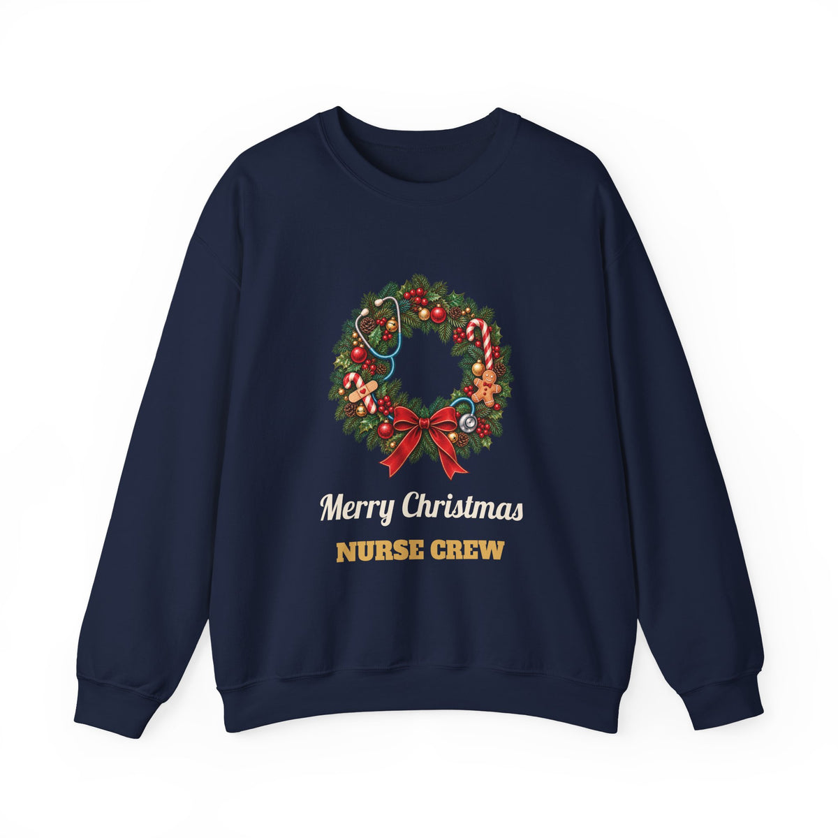Navy Merry Christmas Nurse Crew sweatshirt with a Christmas wreath and stethoscope, front view