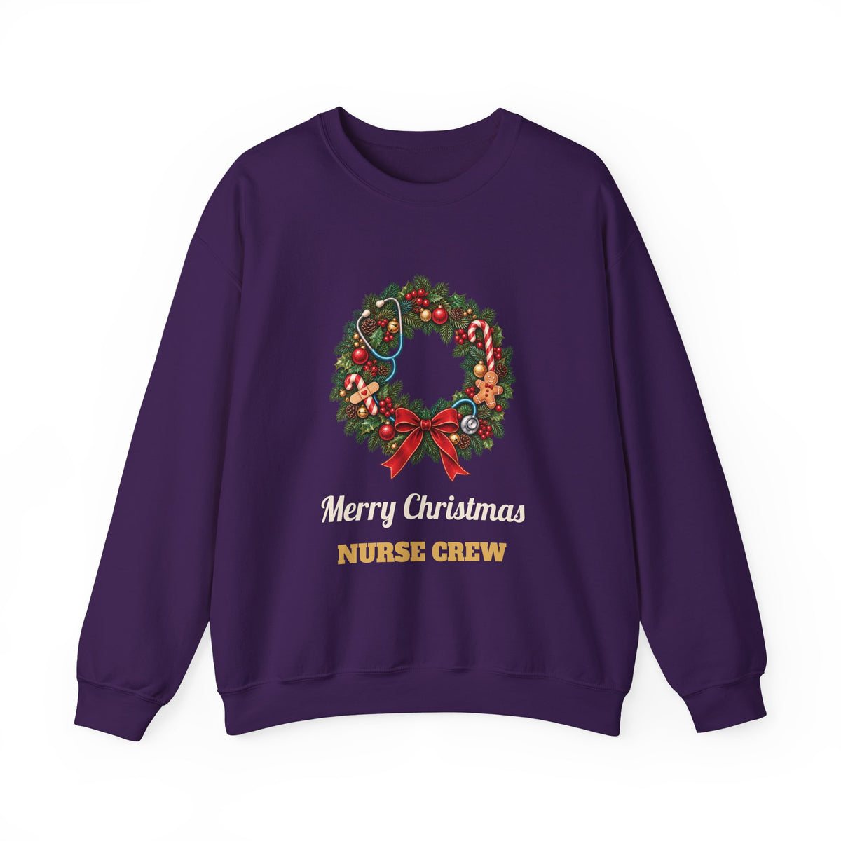 Purple Merry Christmas Nurse Crew sweatshirt with a Christmas wreath and stethoscope, front view