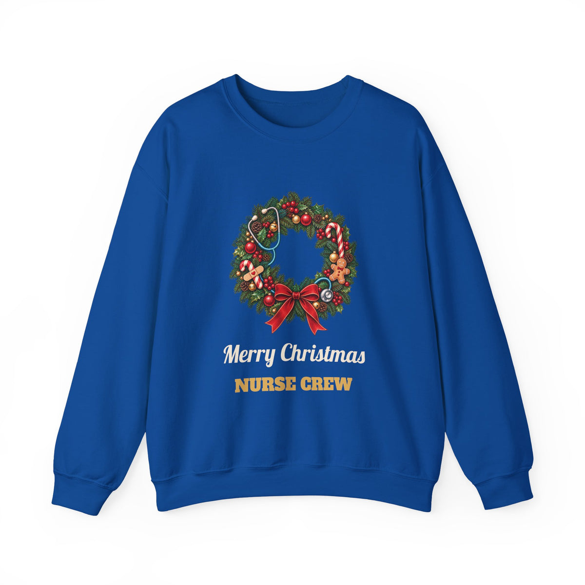 Royal Merry Christmas Nurse Crew sweatshirt with a Christmas wreath and stethoscope, front view