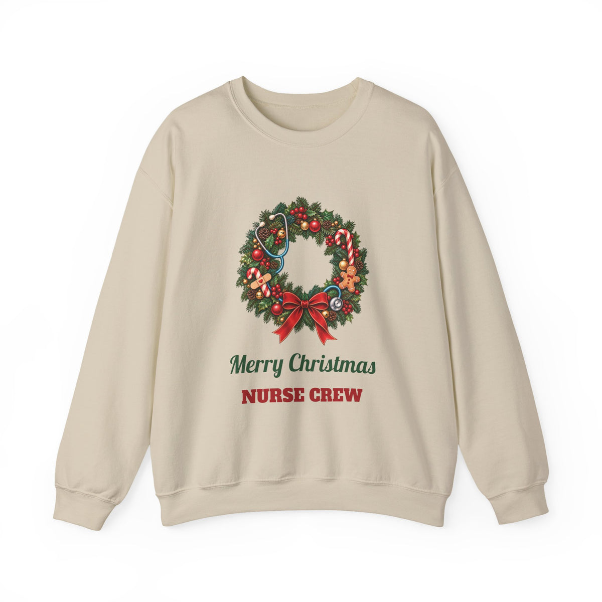 Sand Merry Christmas Nurse Crew sweatshirt with a Christmas wreath and stethoscope, front view