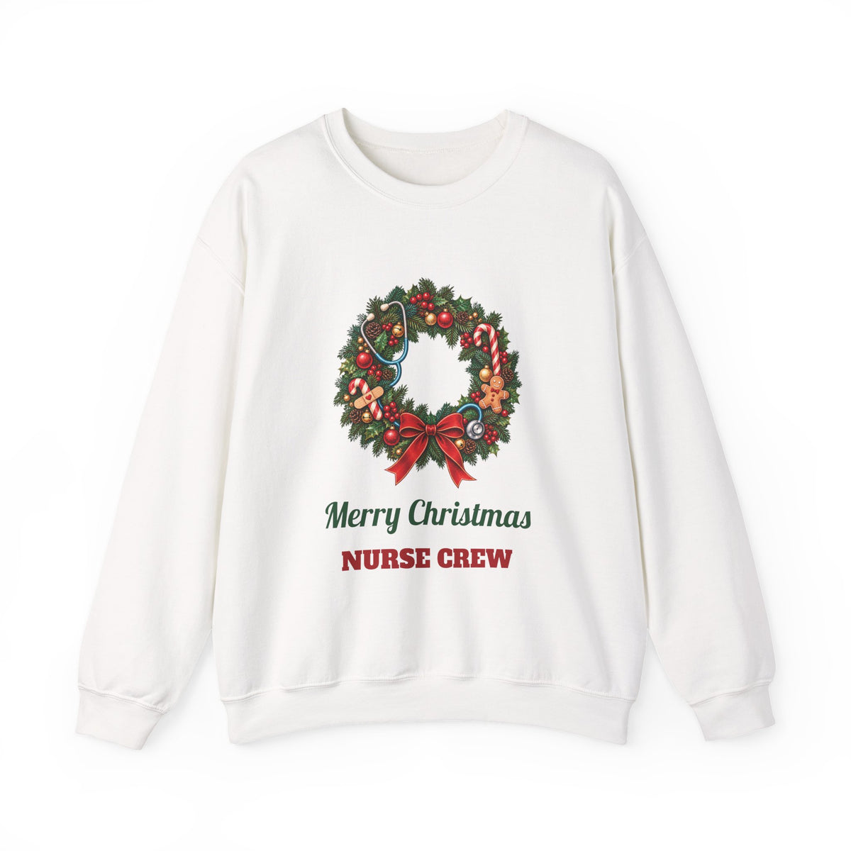 White Merry Christmas Nurse Crew sweatshirt with a Christmas wreath and stethoscope, front view