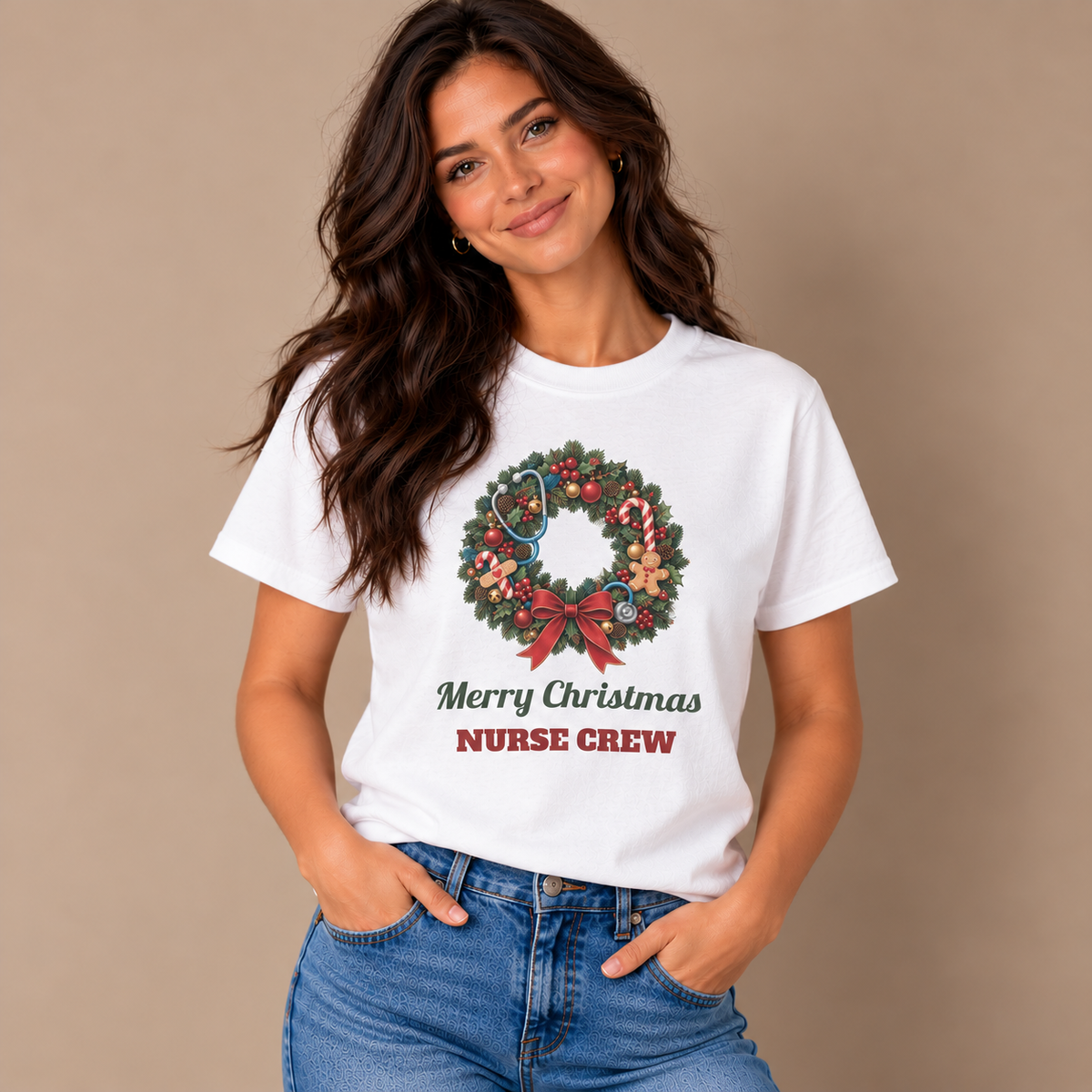 Woman wearing the White Merry Christmas Nurse Crew T-Shirt with jeans