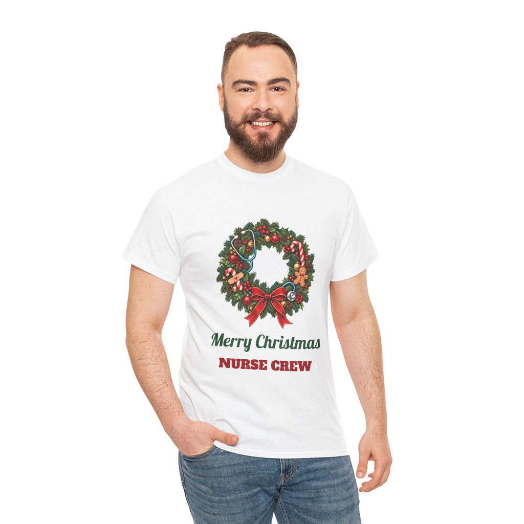 Man wearing the Merry Christmas Nurse Crew T-Shirt