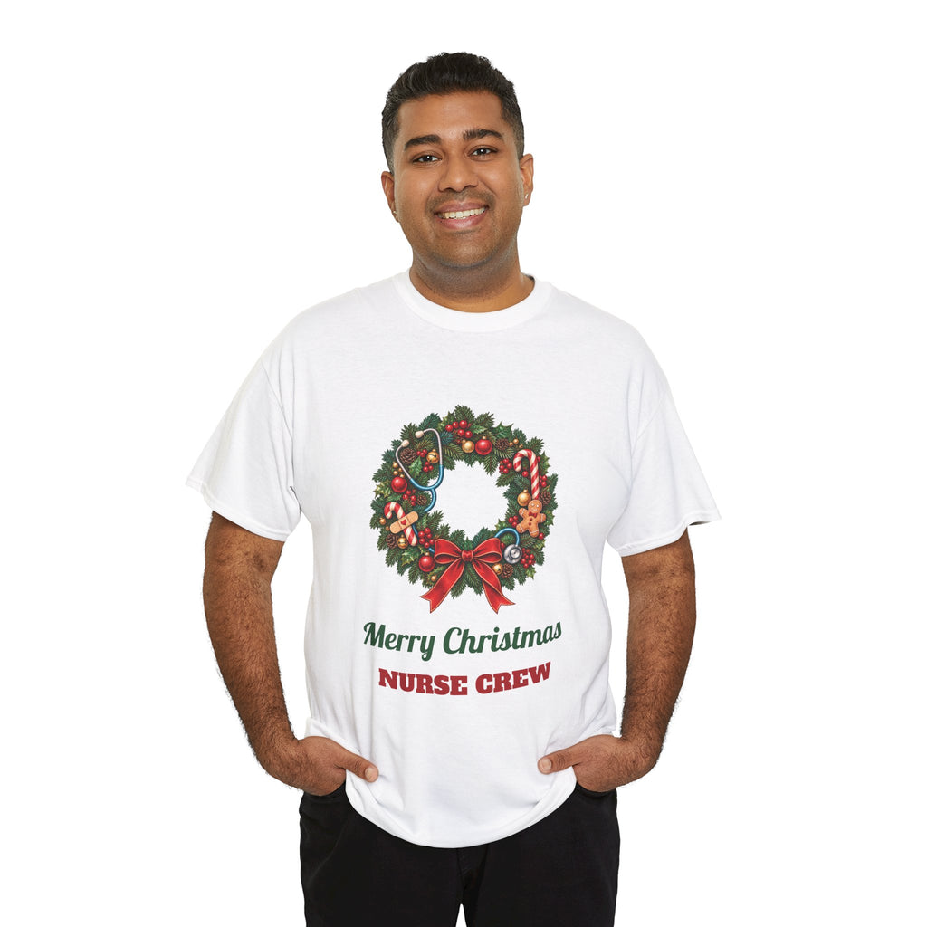 Man wearing the Merry Christmas Nurse Crew T-Shirt, smiling