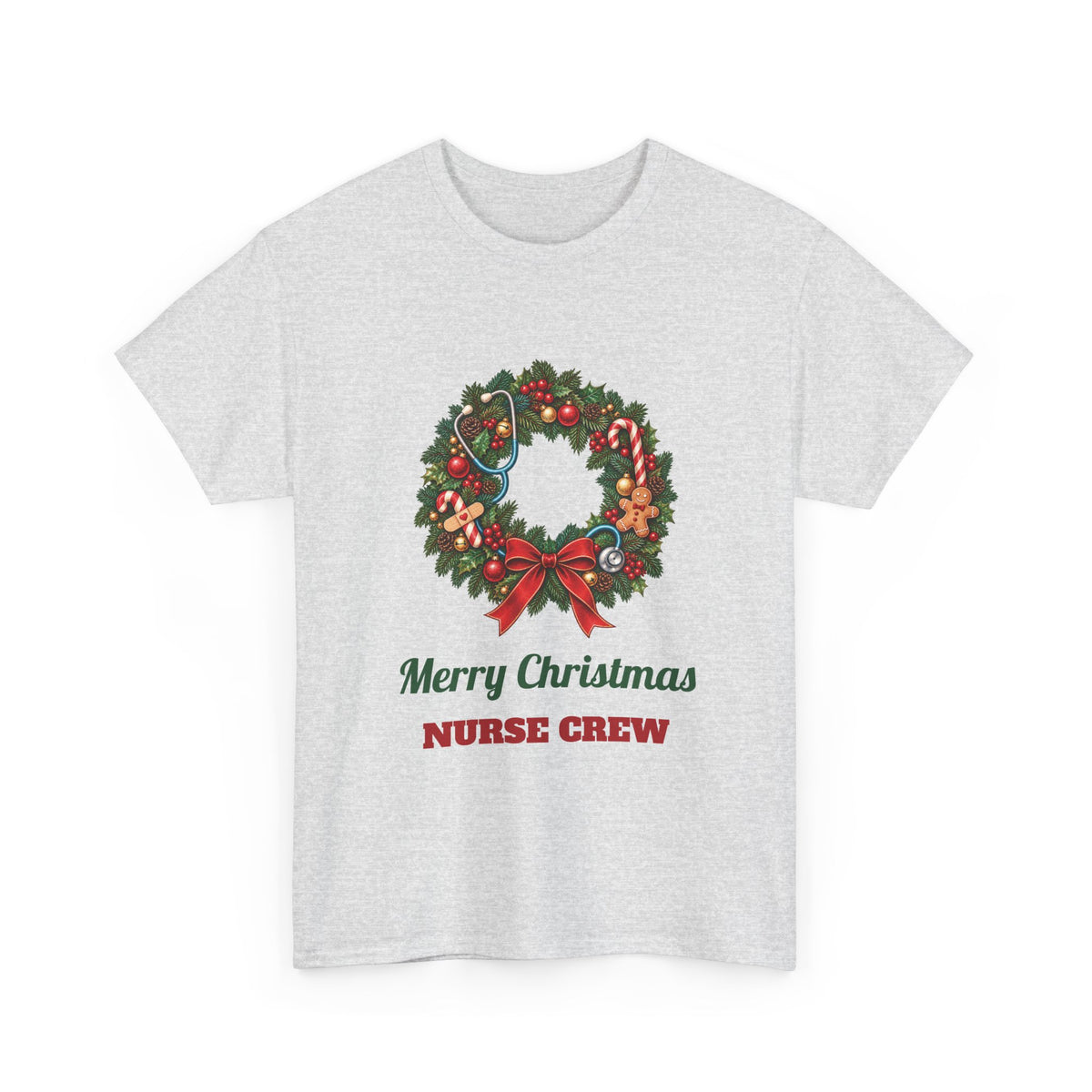 Ash Merry Christmas Nurse Crew t-shirt with a Christmas wreath and stethoscope, front view