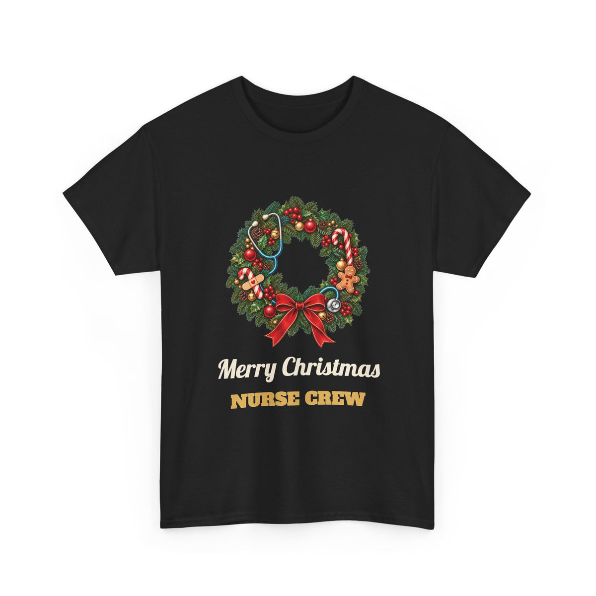 Black Merry Christmas Nurse Crew t-shirt with a Christmas wreath and stethoscope, front view