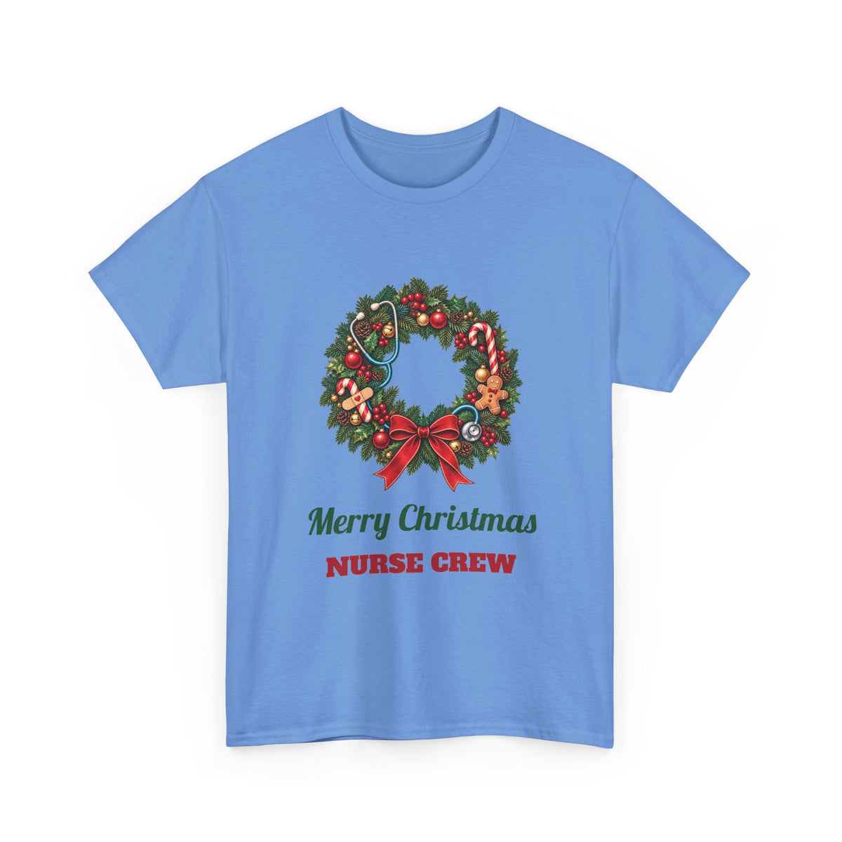 Carolina Blue Merry Christmas Nurse Crew t-shirt with a Christmas wreath and stethoscope, front view