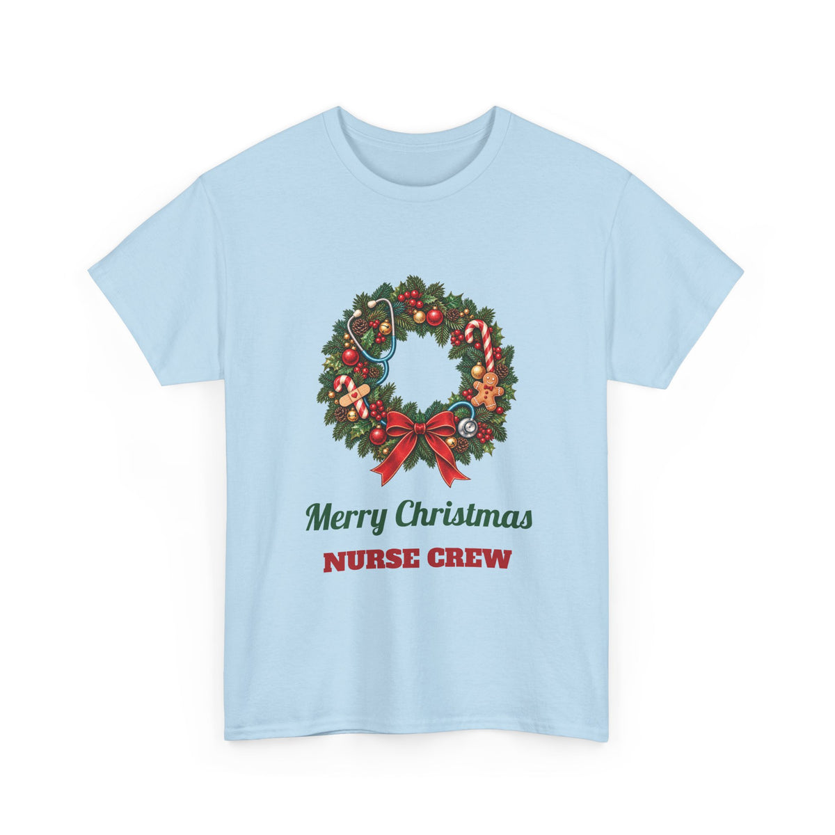 Light Blue Merry Christmas Nurse Crew t-shirt with a Christmas wreath and stethoscope, front view