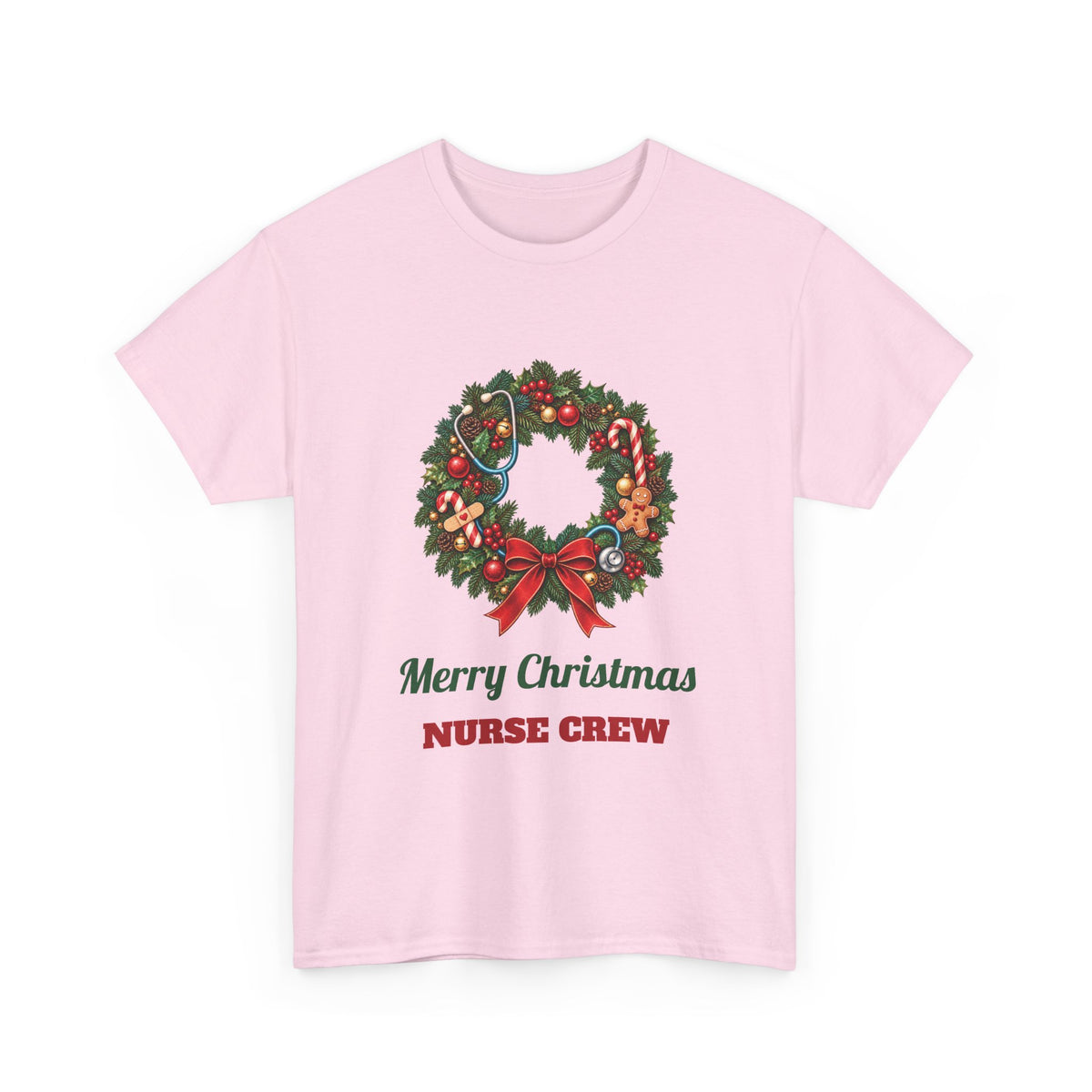 Light Pink Merry Christmas Nurse Crew t-shirt with a Christmas wreath and stethoscope, front view