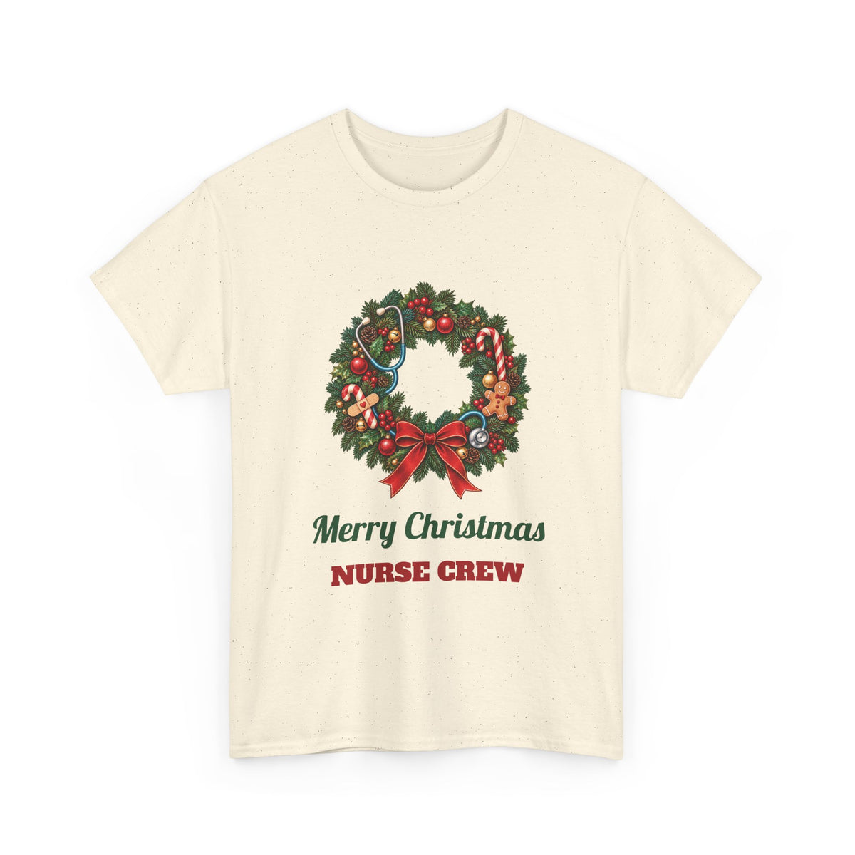 Natural Merry Christmas Nurse Crew t-shirt with a Christmas wreath and stethoscope, front view