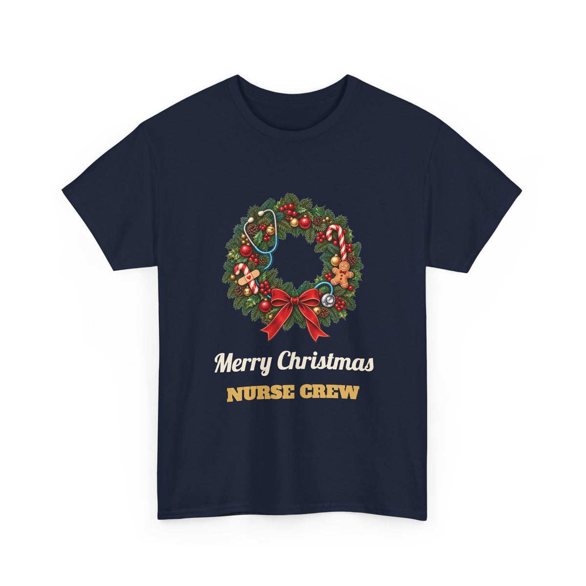 Navy Merry Christmas Nurse Crew t-shirt with a Christmas wreath and stethoscope, front view
