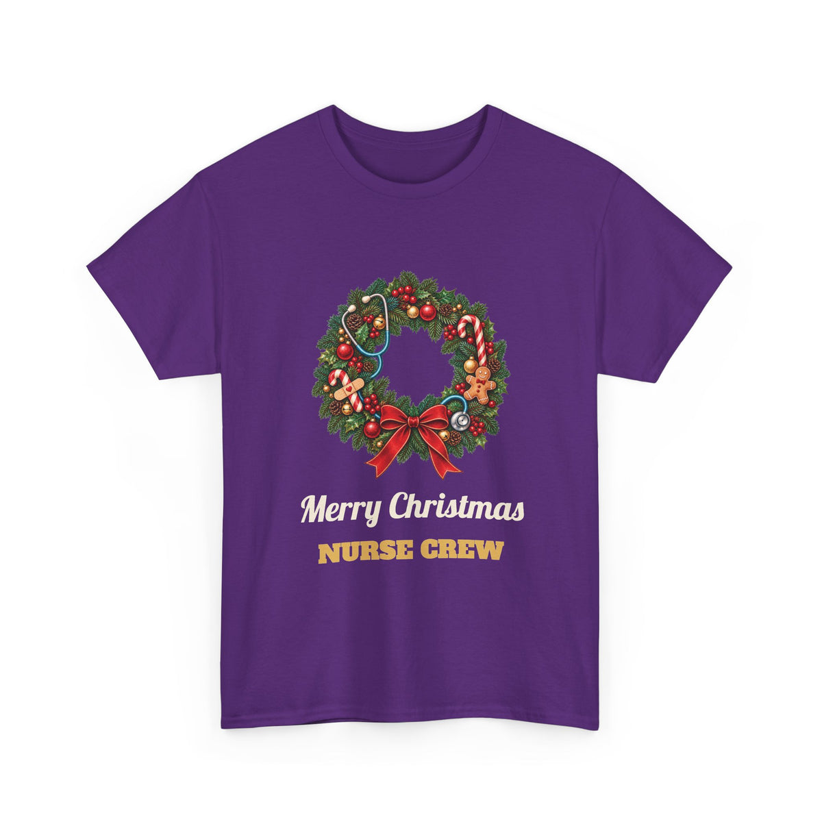 Purple Merry Christmas Nurse Crew t-shirt with a Christmas wreath and stethoscope, front view