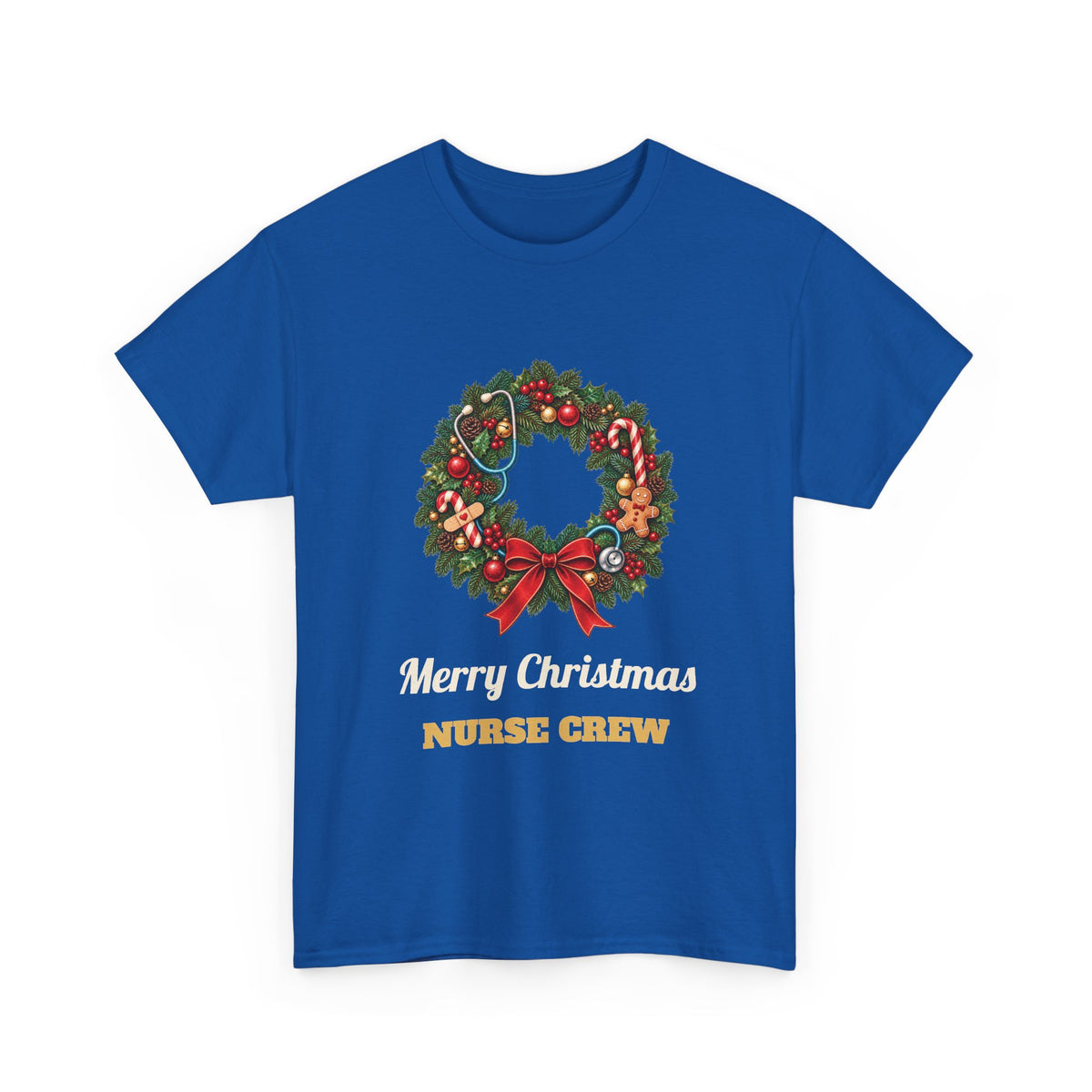 Royal Merry Christmas Nurse Crew t-shirt with a Christmas wreath and stethoscope, front view