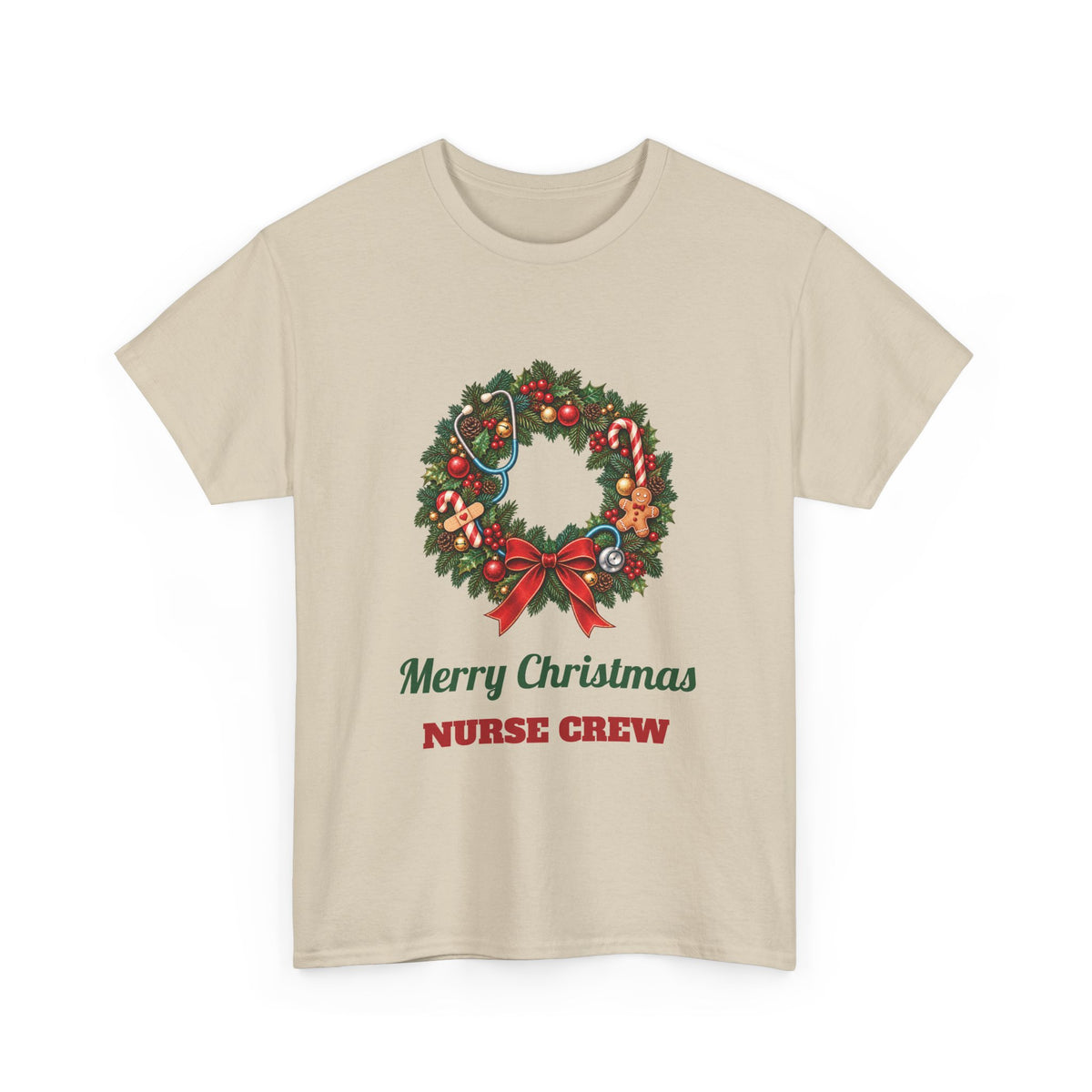 Sand Merry Christmas Nurse Crew t-shirt with a Christmas wreath and stethoscope, front view