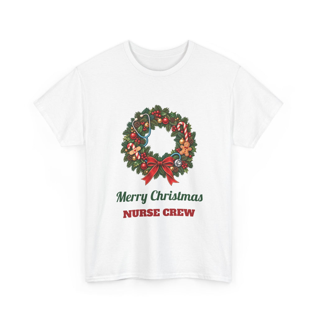 White Merry Christmas Nurse Crew t-shirt with a Christmas wreath and stethoscope, front view