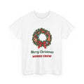 White Merry Christmas Nurse Crew t-shirt with a Christmas wreath and stethoscope, front view