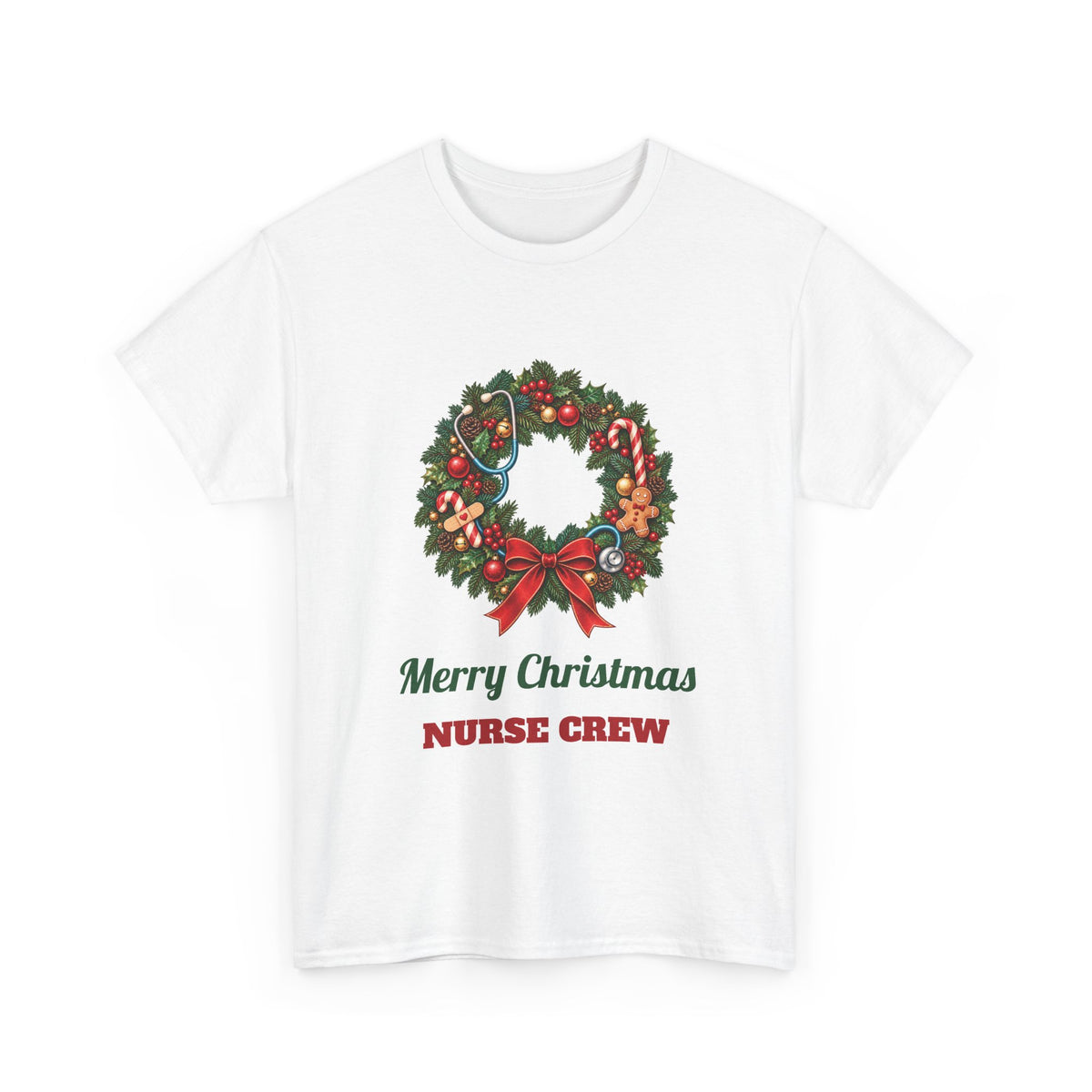 White Merry Christmas Nurse Crew t-shirt with a Christmas wreath and stethoscope, front view