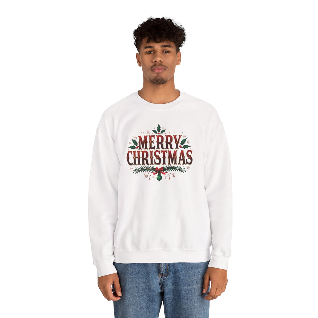 Model wearing the white Merry Christmas Sweatshirt