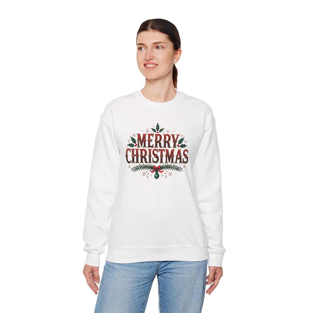Model wearing the white Merry Christmas Sweatshirt