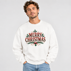 Man wearing the white Merry Christmas Sweatshirt with jeans
